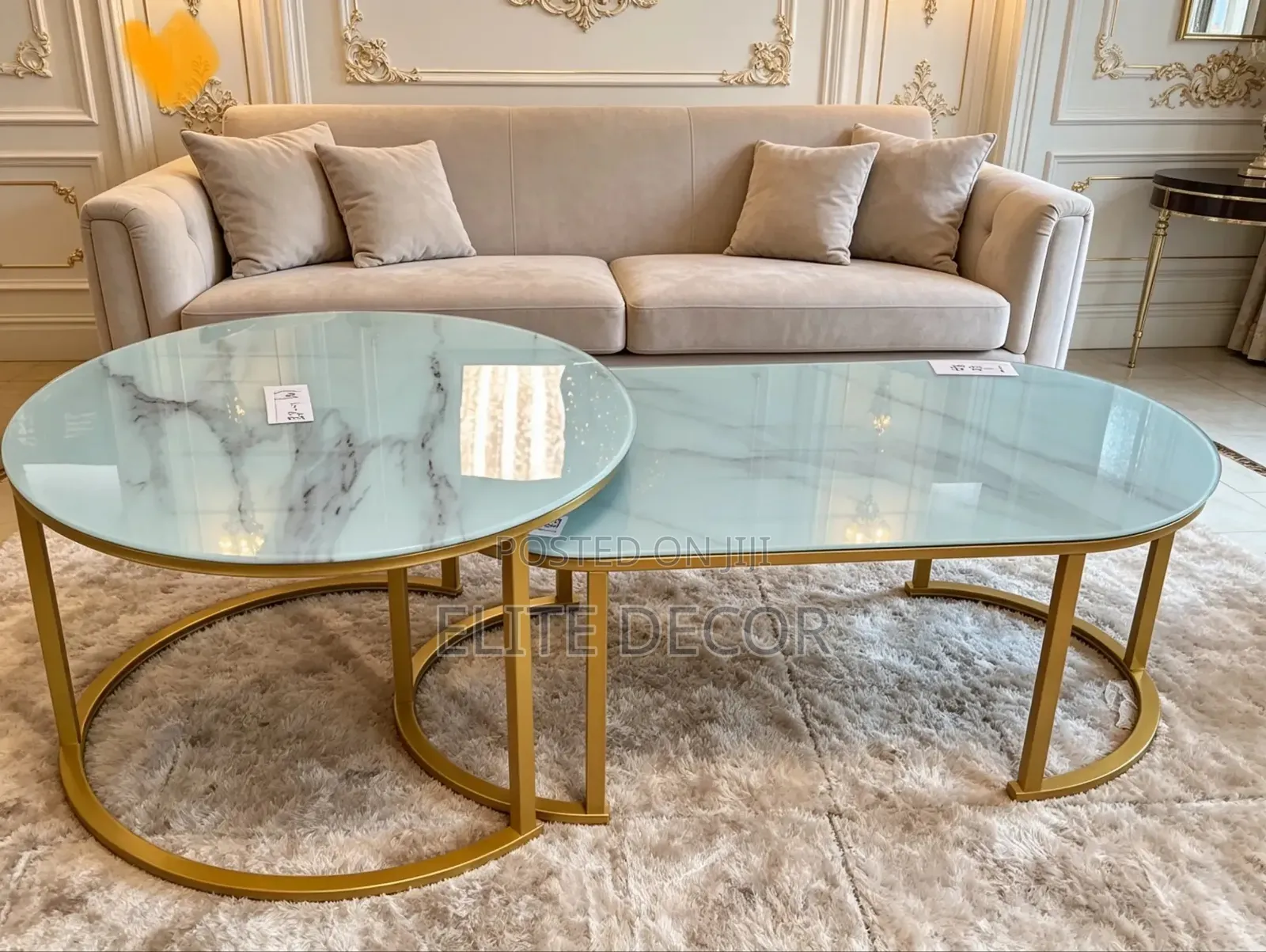 2 in 1 White Marble Nesting Coffee Table – Modern Glass Effect
