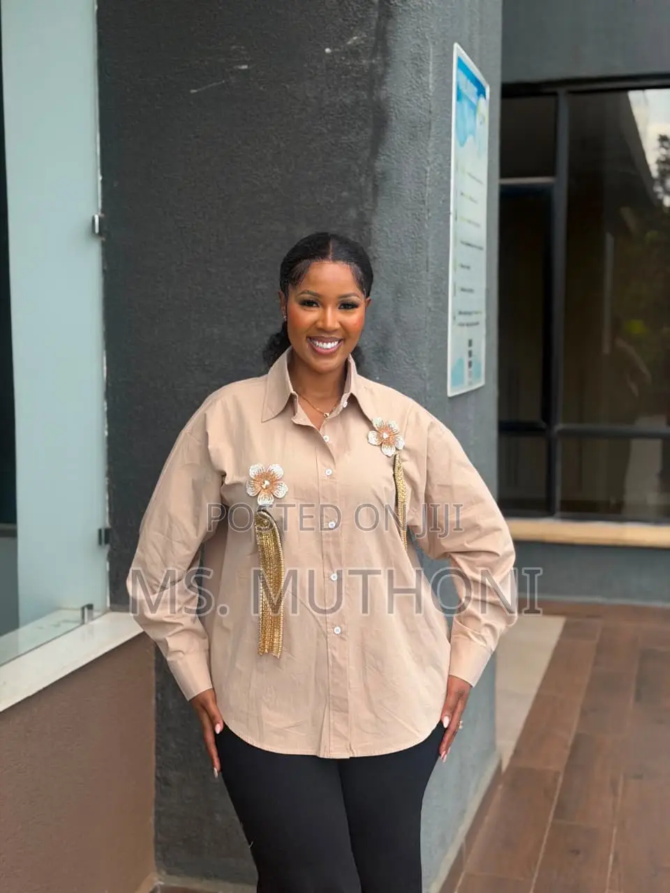 Button-Down Shirt With Embroidered Gold Metallic Floral