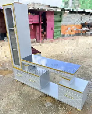 Extended Tv Stand With Marble Coating and Shelf Cabinet