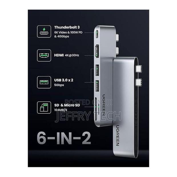 Ugreen Usb-C Hub 6-in-2, Multi-Port Type-C Adapter With Hdmi , Usb 3 - thumbnail 2