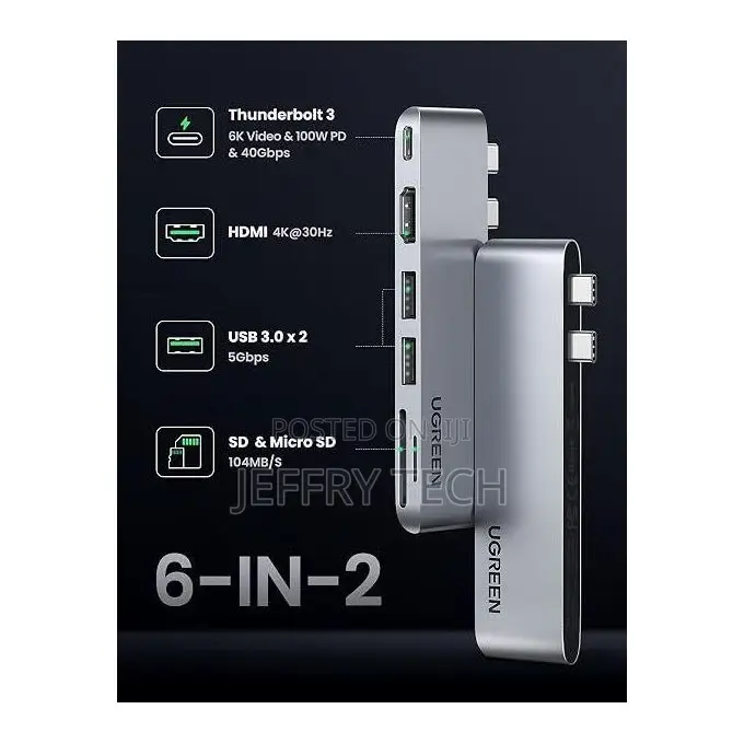 Ugreen Usb-C Hub 6-in-2, Multi-Port Type-C Adapter With Hdmi , Usb 3