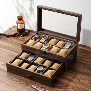 Brown Wooden 20 Slots Watch Organizer- Two-Tier Design Glass Lid