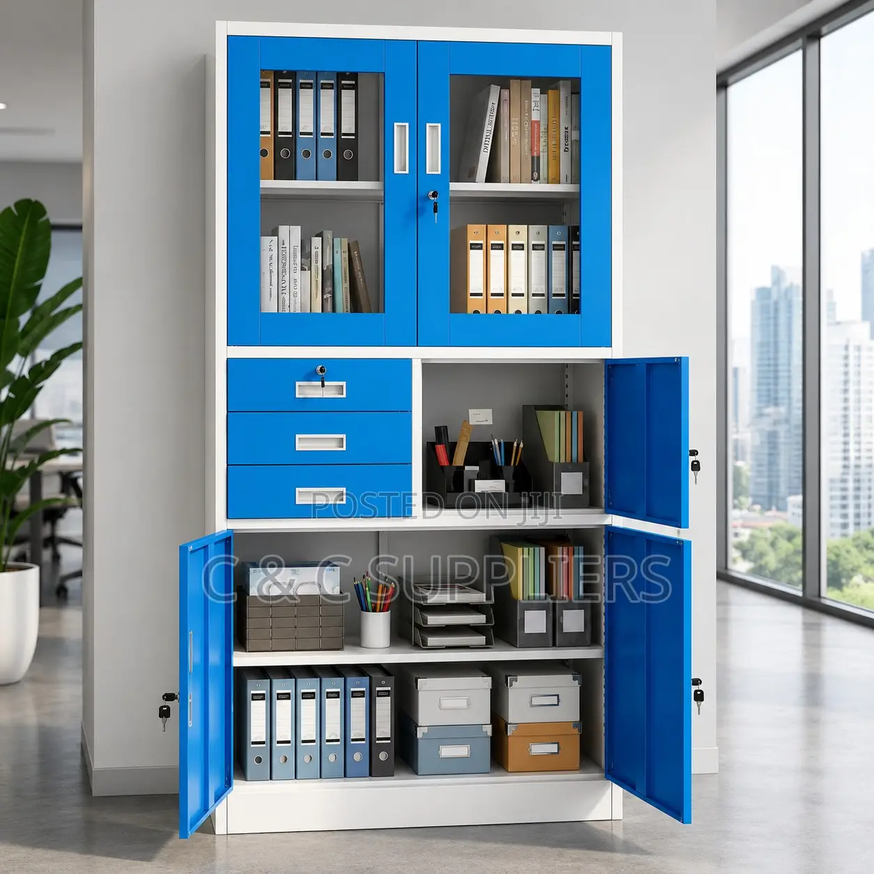 2-Door Blue Steel Storage Cabinet With Safe