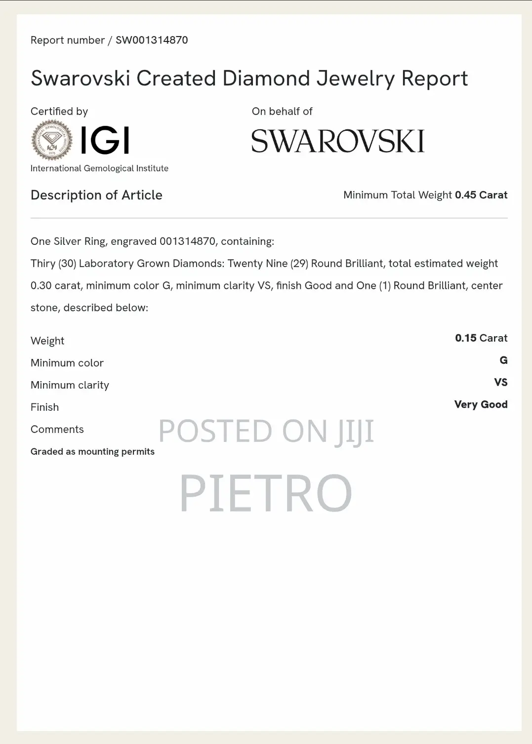 Swarovski Created Diamond Ring – Igi Certified (0.45 Ct)