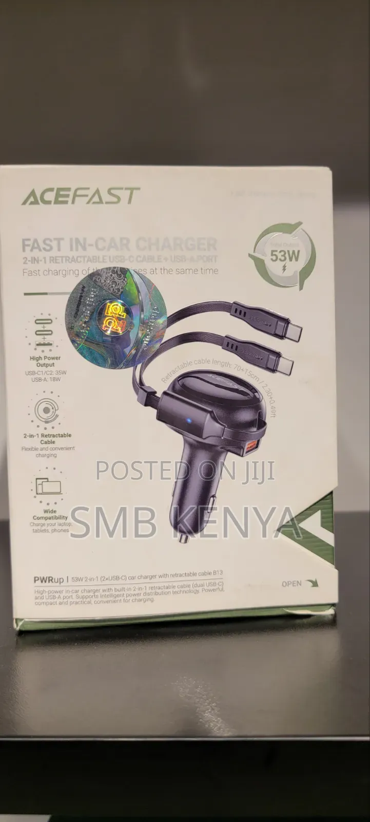 Car Charger With Retractable Cable and a USB a Port-B13