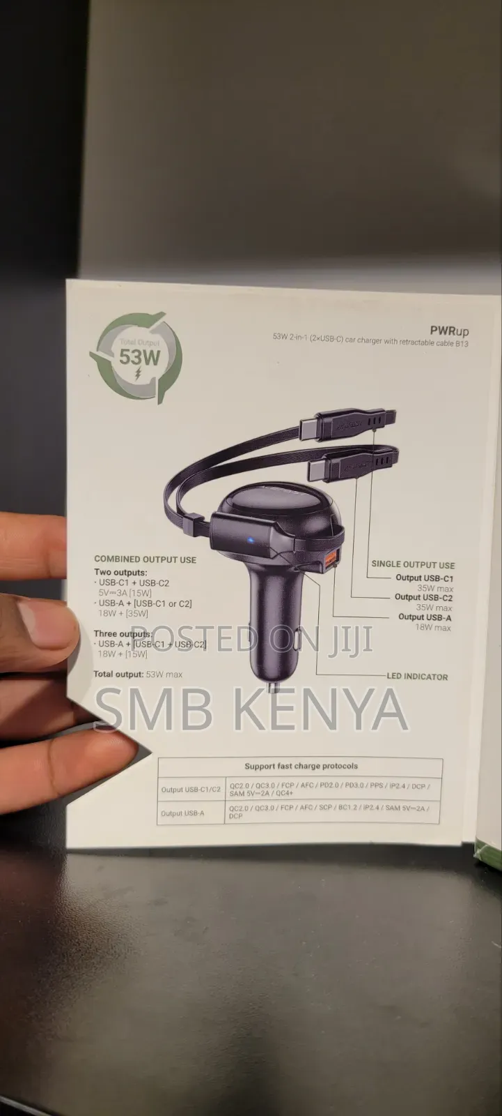 Car Charger With Retractable Cable and a USB a Port-B13
