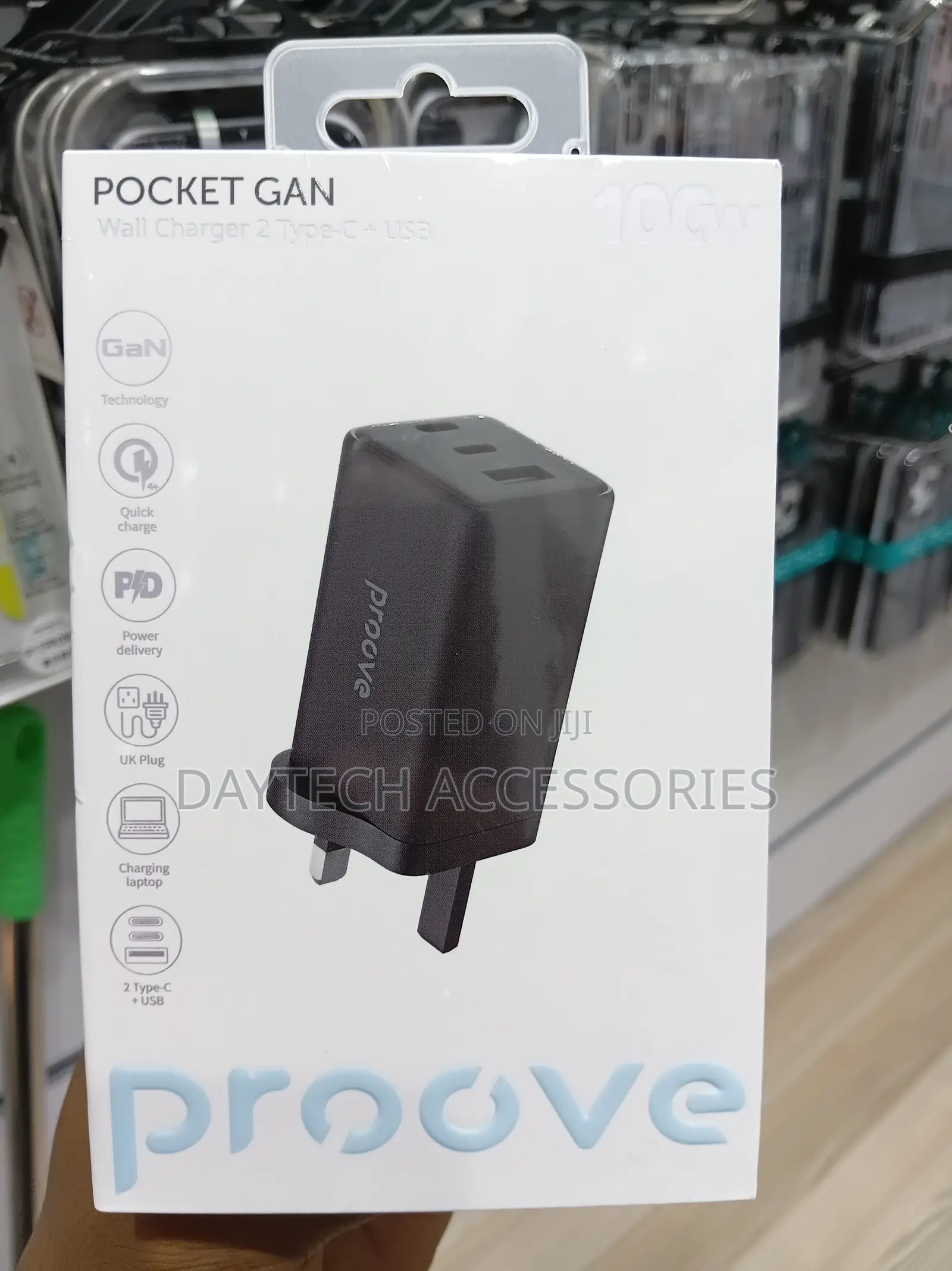 This Is a Proove Pocket GaN Max 100W Wall Charger in Black.