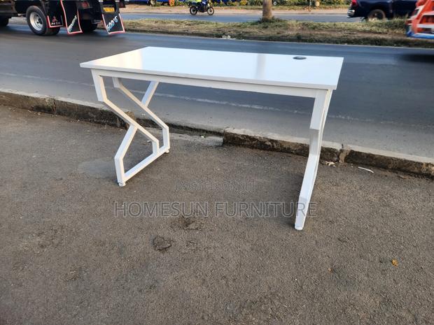 Modern White Office Desk With Geometric Metal Legs - thumbnail 2