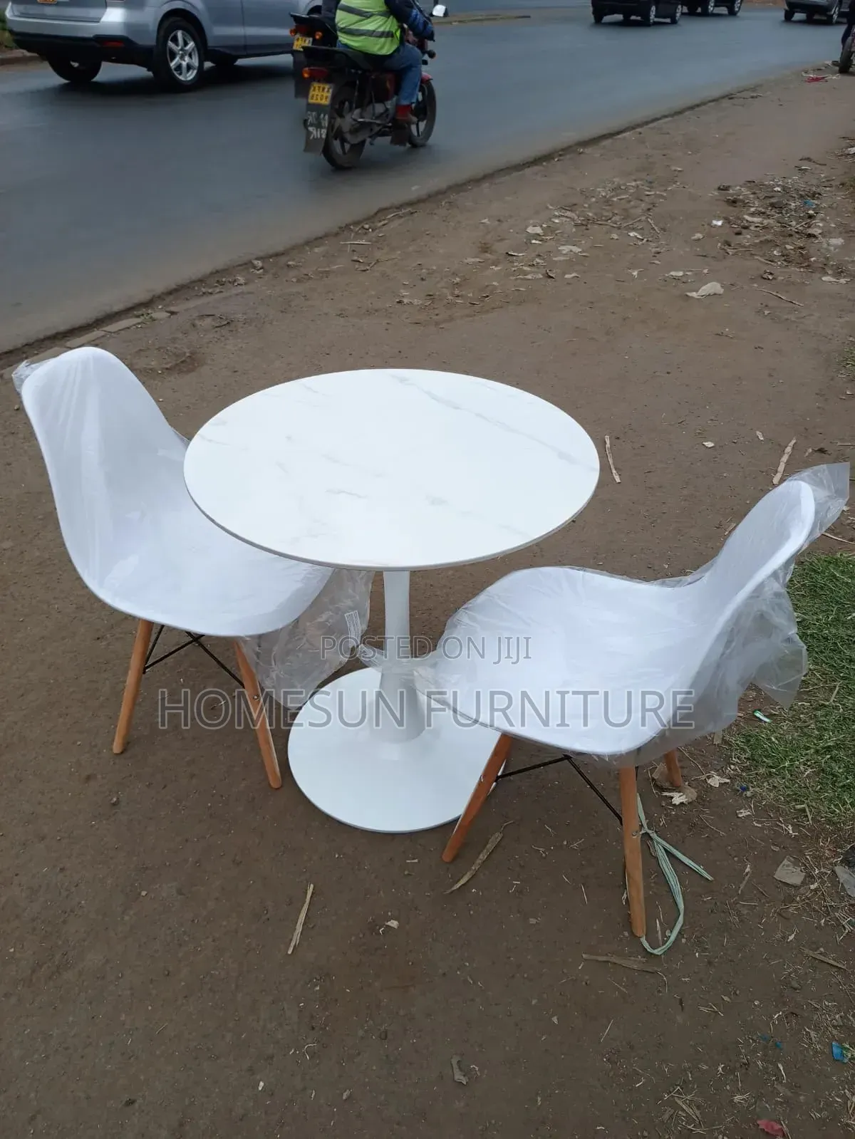 Modern 2-Seater Round Dining Table Set With 2 White Chairs