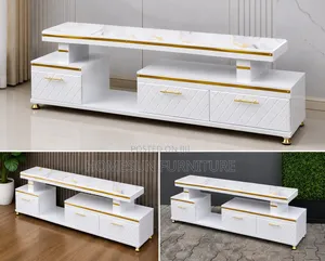 Modern Luxury TV Stand With Marble Top – White Gold