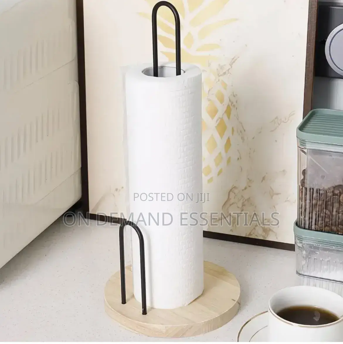 Black Metal Paper Towel Holder With Bamboo Base