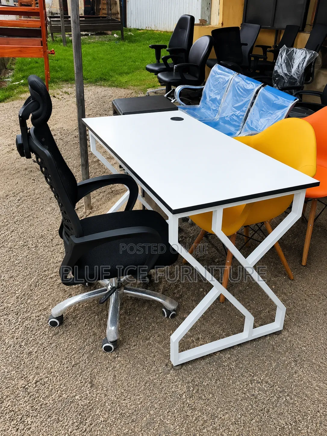 White Office Table With Ergonomic Chair With Headrest