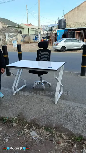 White Office Table With Ergonomic Chair With Headrest