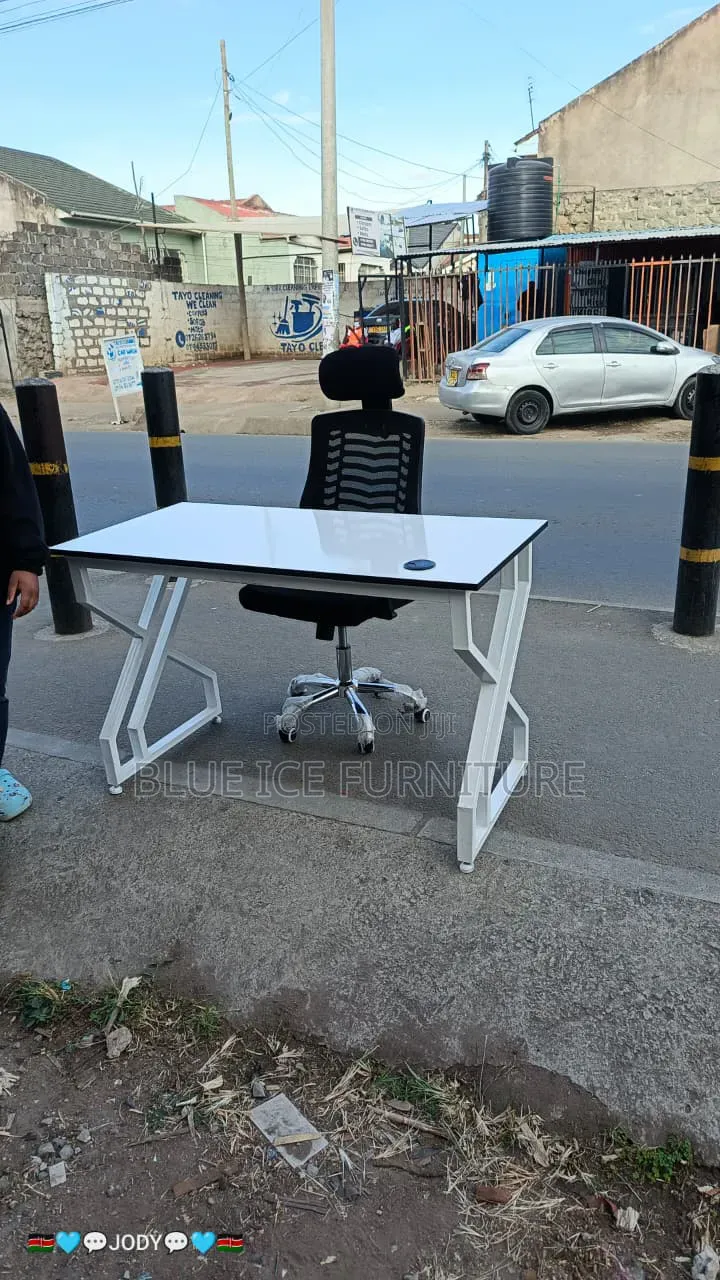 White Office Table With Ergonomic Chair With Headrest