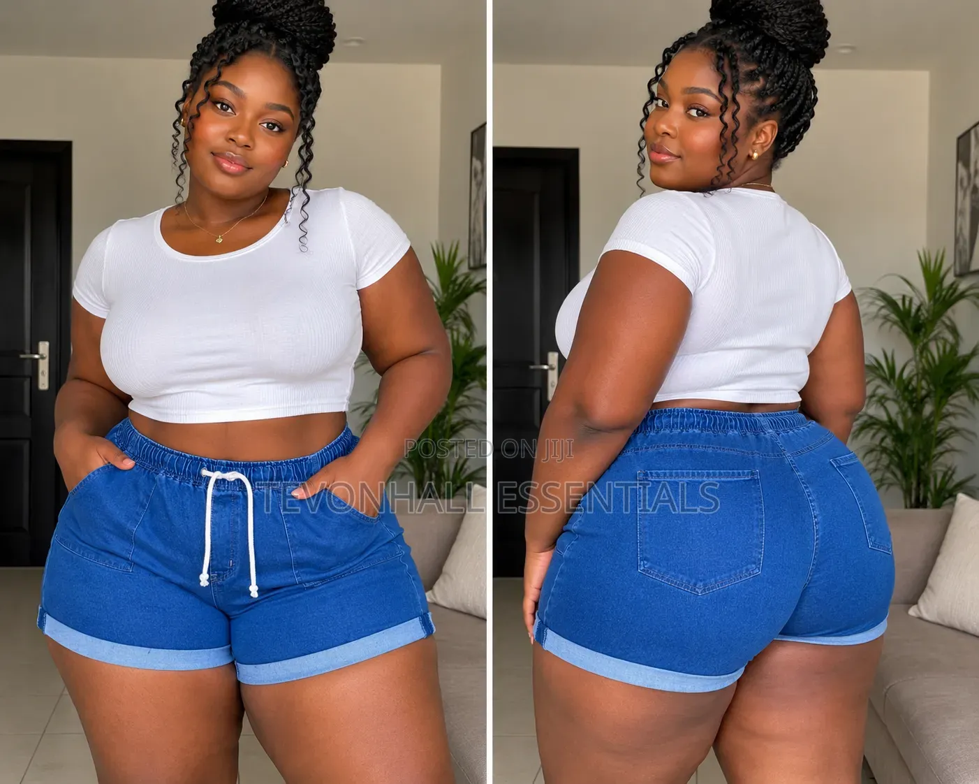 Women's Blue Elastic Waist Denim Shorts With Drawstring Rolled Hem