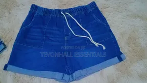 Women's Blue Elastic Waist Denim Shorts With Drawstring Rolled Hem