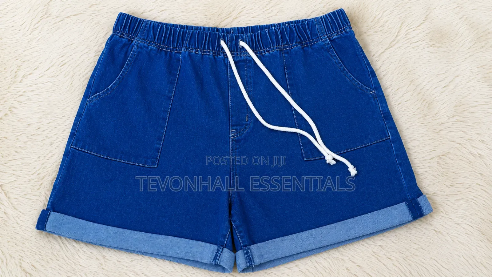 Women's Blue Elastic Waist Denim Shorts With Drawstring Rolled Hem