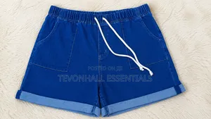 Women's Blue Elastic Waist Denim Shorts With Drawstring Rolled Hem