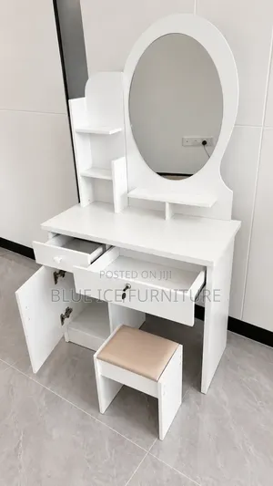 Modern White Dressing Table With Mirror and Stool