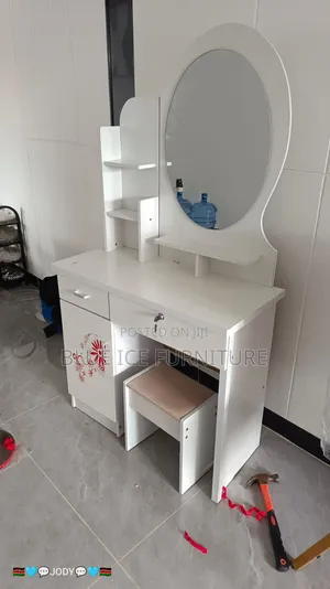Modern White Dressing Table With Mirror and Stool