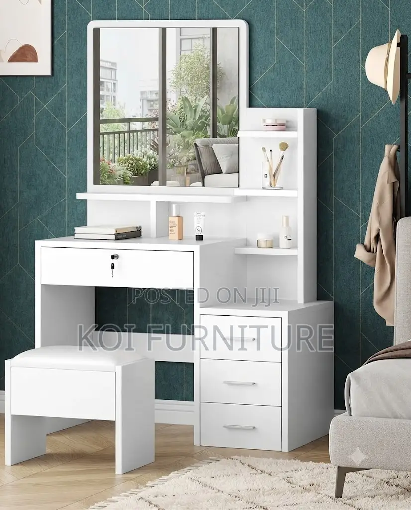 Dressers; White Elegant Modern Style Dressing Vanity Table Set