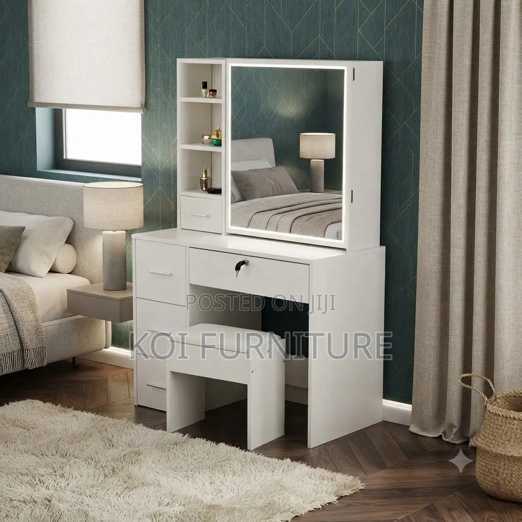Dressers; White Elegant Modern Style Dressing Vanity Table Set