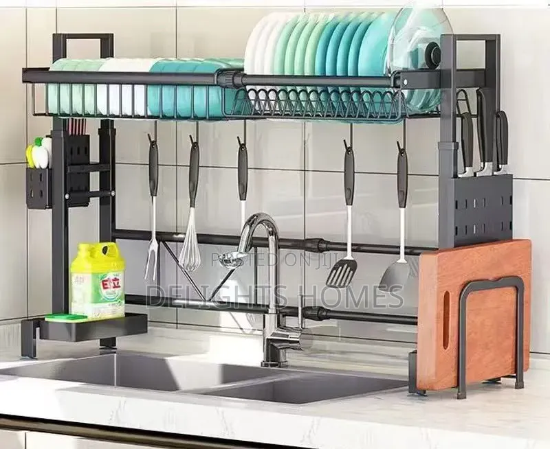 Black Single Stainless Steel Over-the-Sink Dish Drying Rack_dav