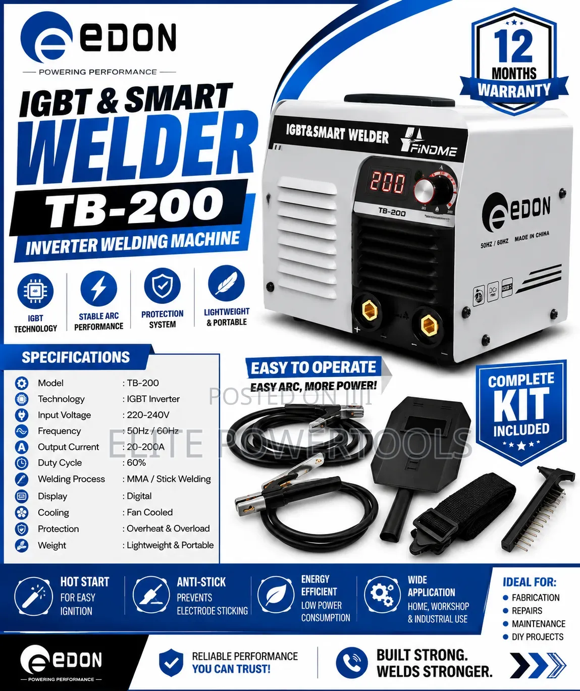 Edon TB-200 IGBT Smart Inverter Welding Machine 200A Digital Display