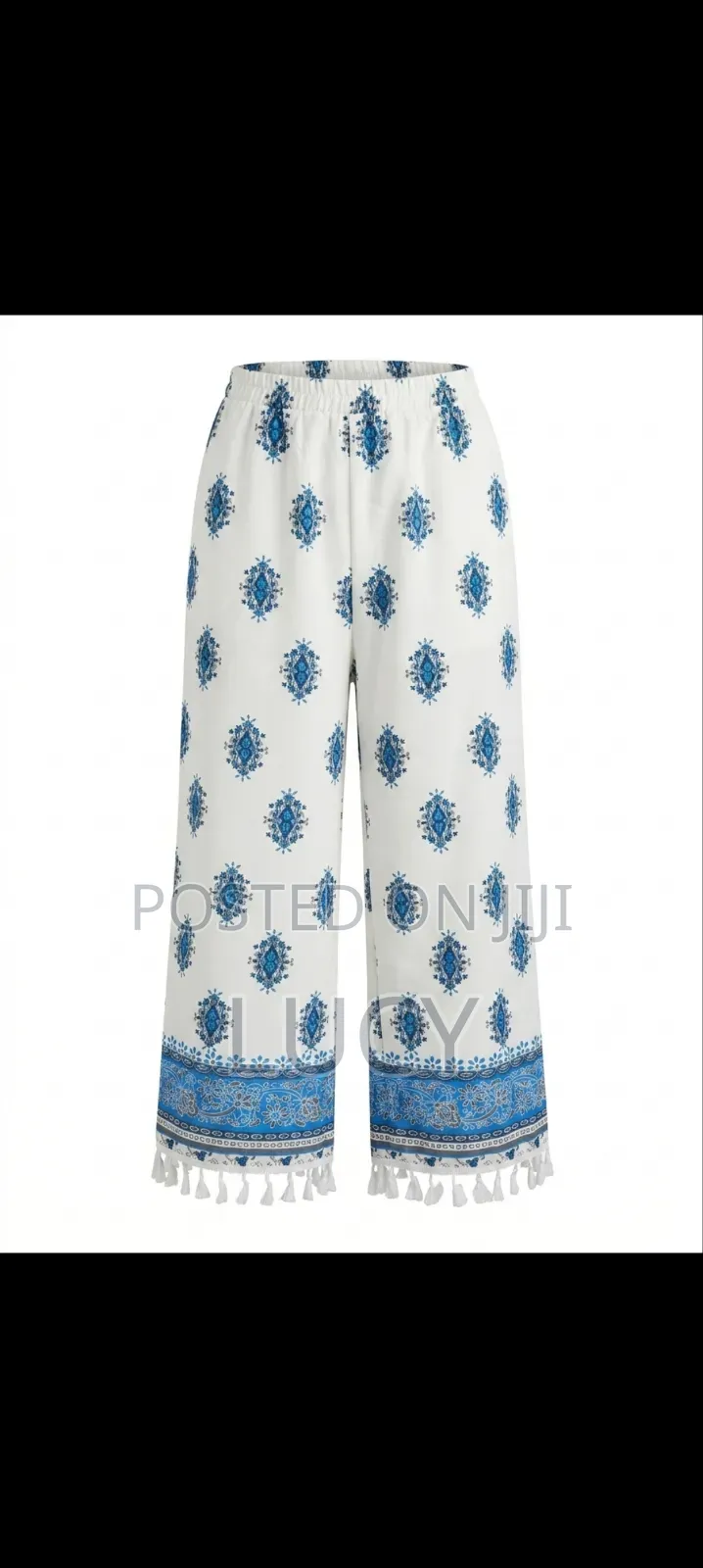 Women’s Bohemian Print Wide-Leg Trousers With Tassel Hem