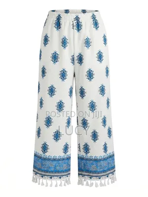 Women’s Bohemian Print Wide-Leg Trousers With Tassel Hem