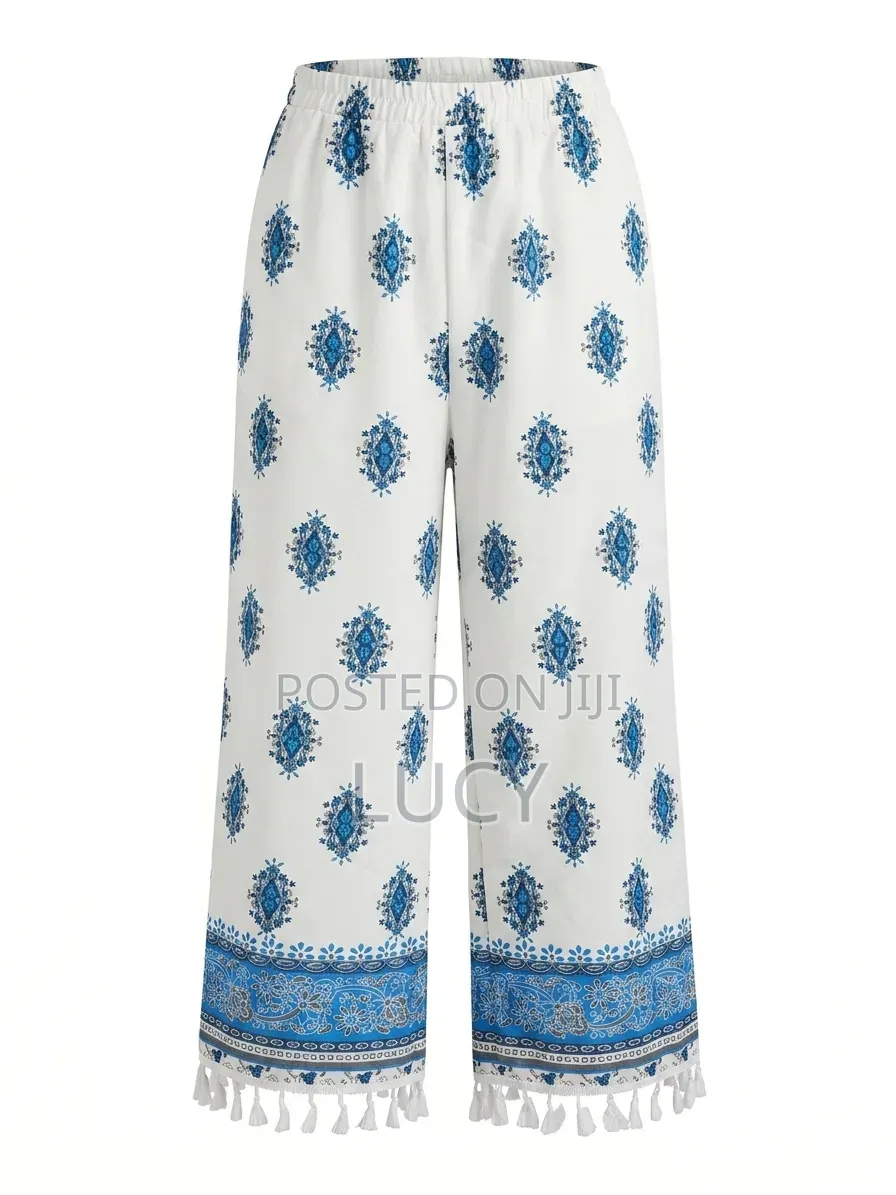 Women’s Bohemian Print Wide-Leg Trousers With Tassel Hem