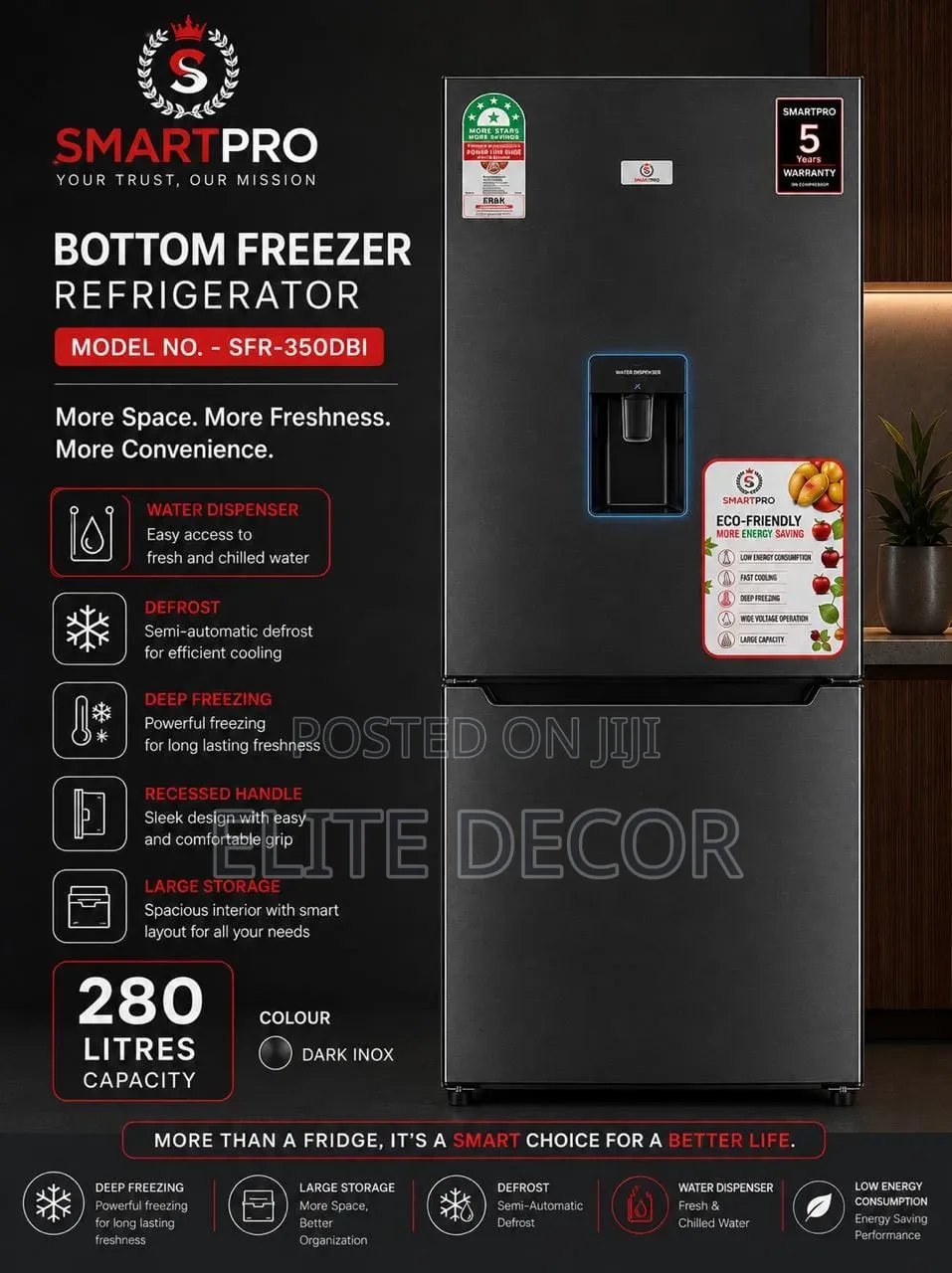 SmartPro SFR-350-DBI 280L Double Door Fridge With Water Dispenser