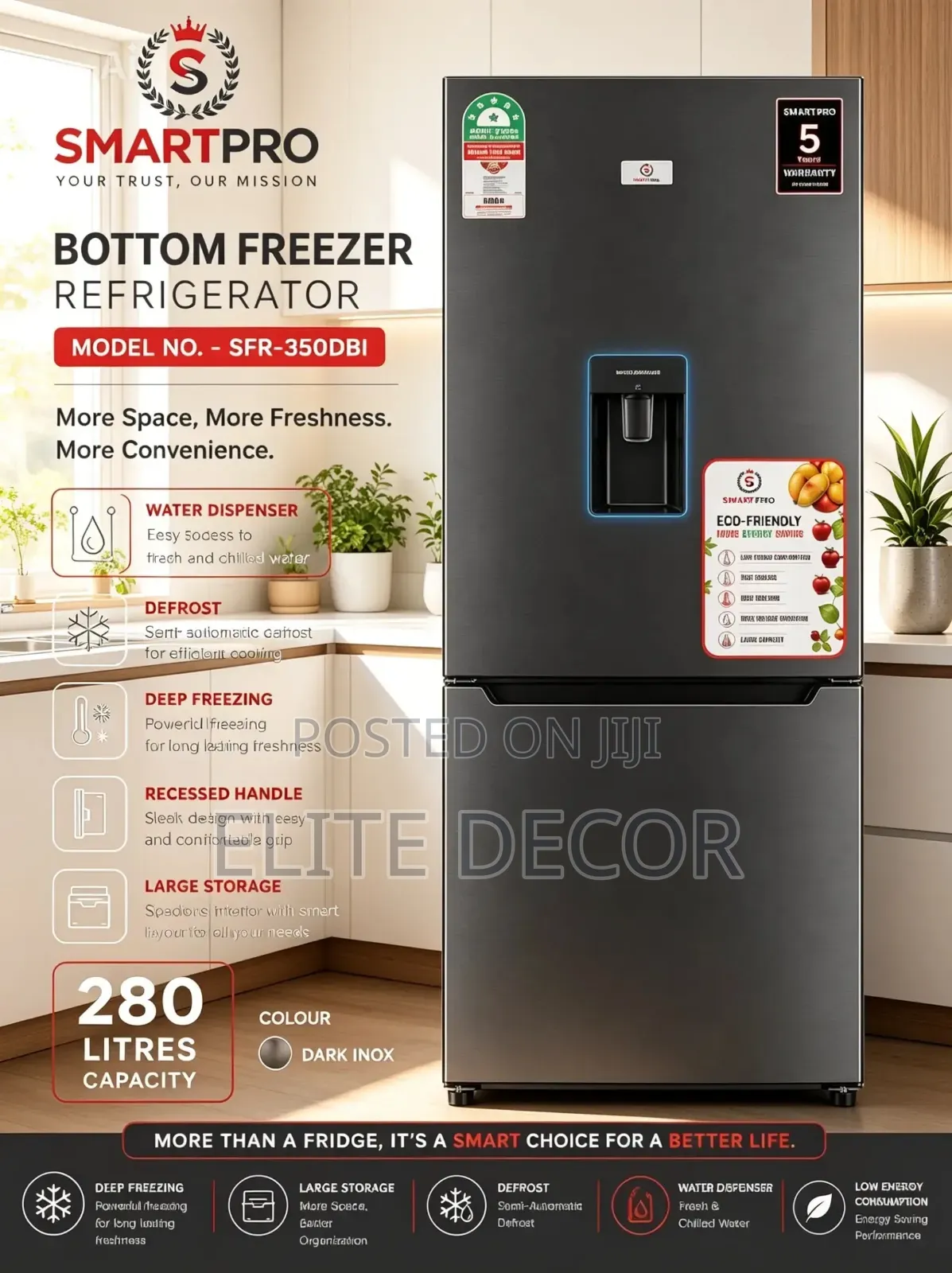 SmartPro SFR-350-DBI 280L Double Door Fridge With Water Dispenser