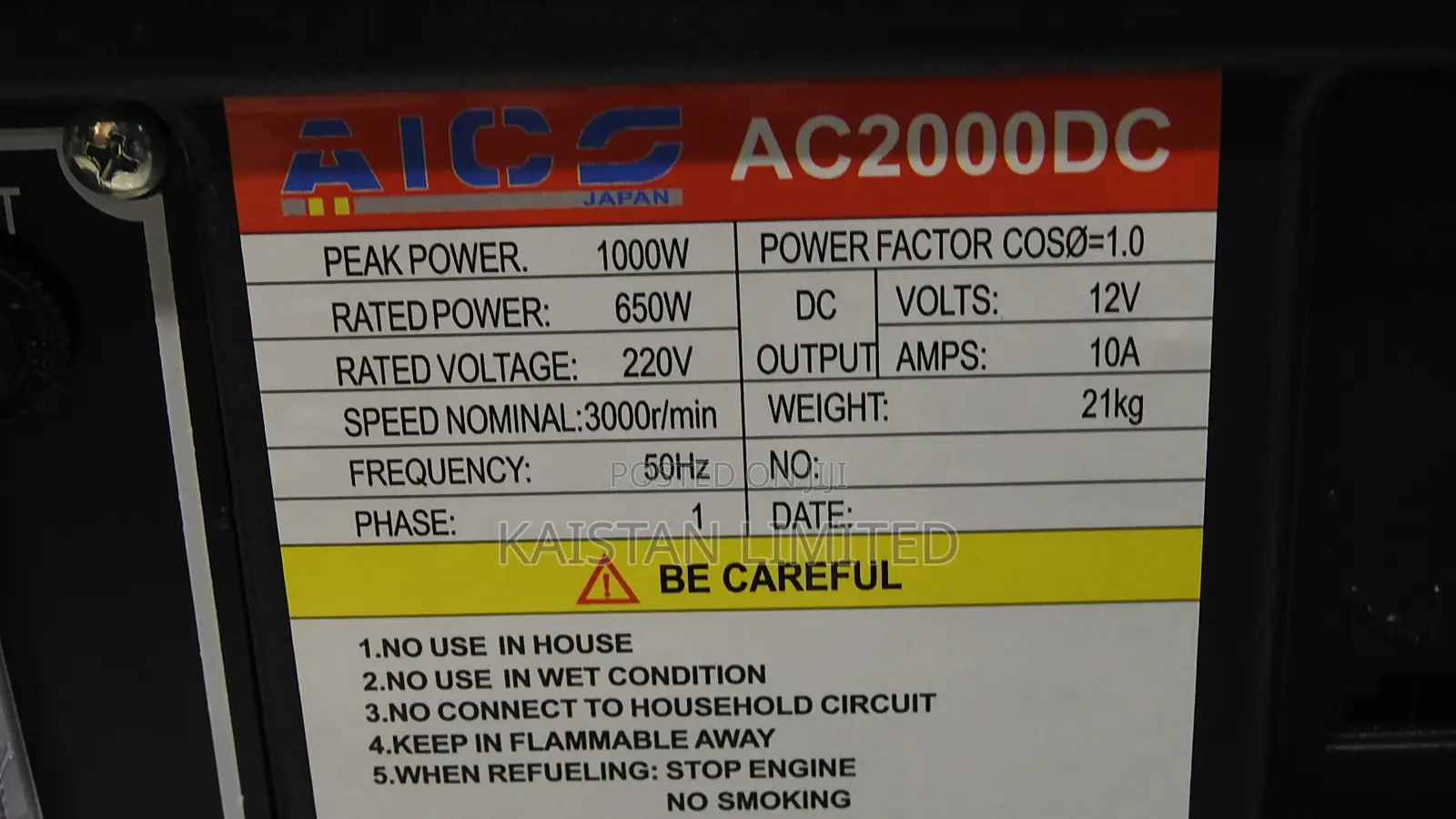 AICO Japan AC2000DC 1.0kVA Petrol Generator –650W Rated,1000W Peak