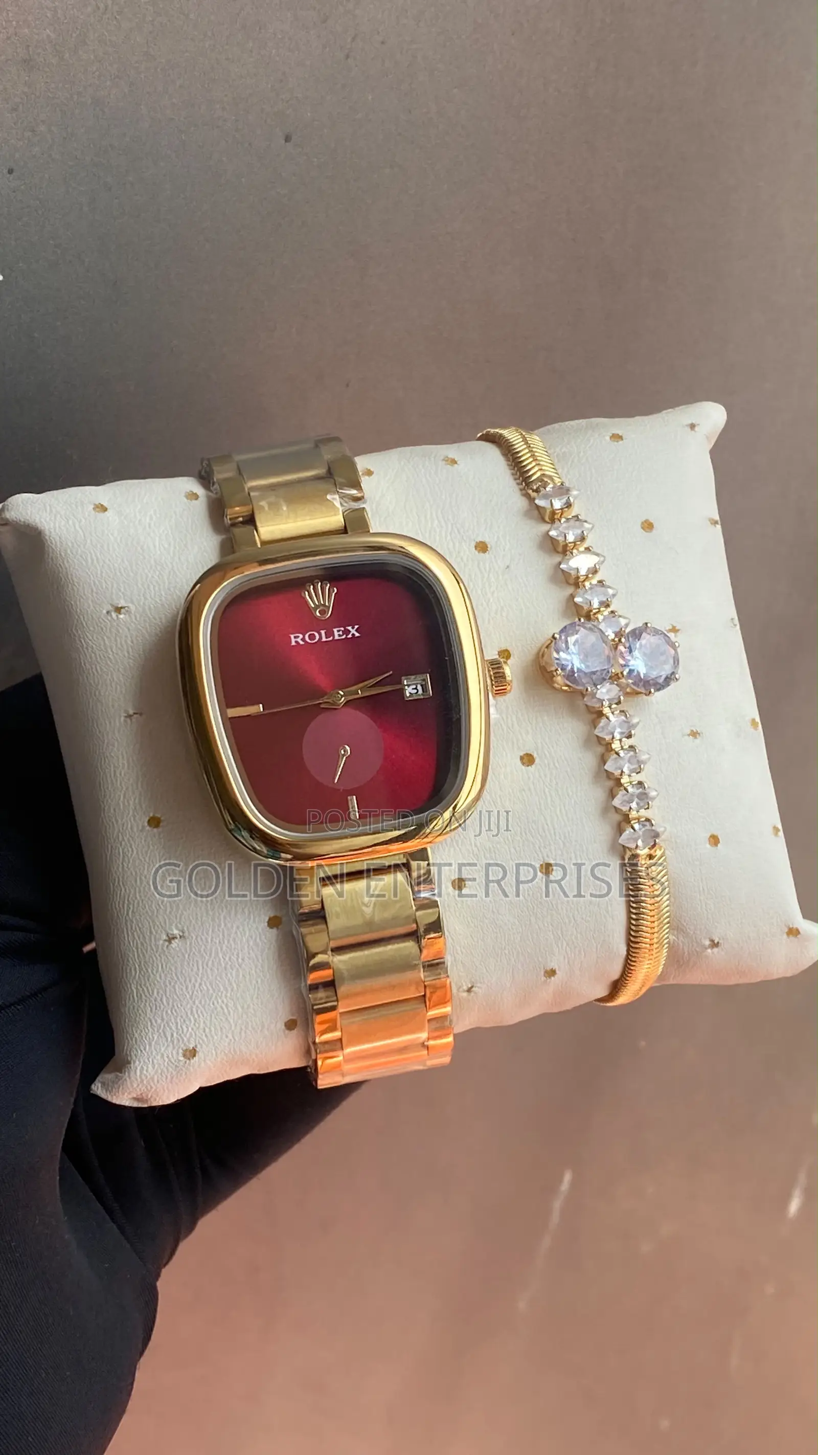 Rolex Gold Maroon Premium Wrist Watch Crystal Bracelet Combo