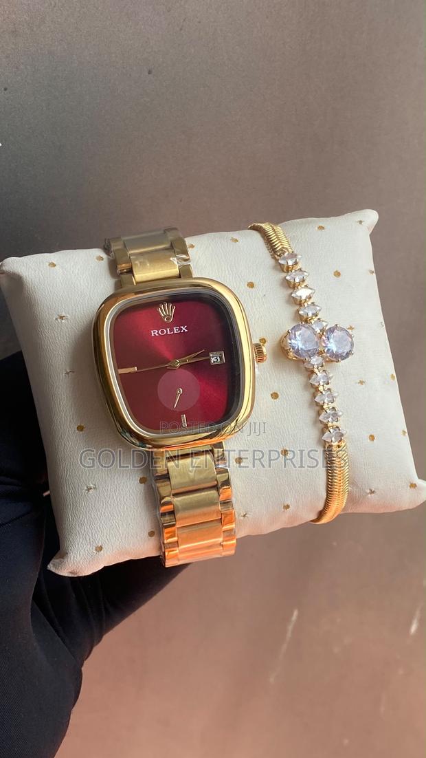 Rolex Gold Maroon Premium Wrist Watch Crystal Bracelet Combo