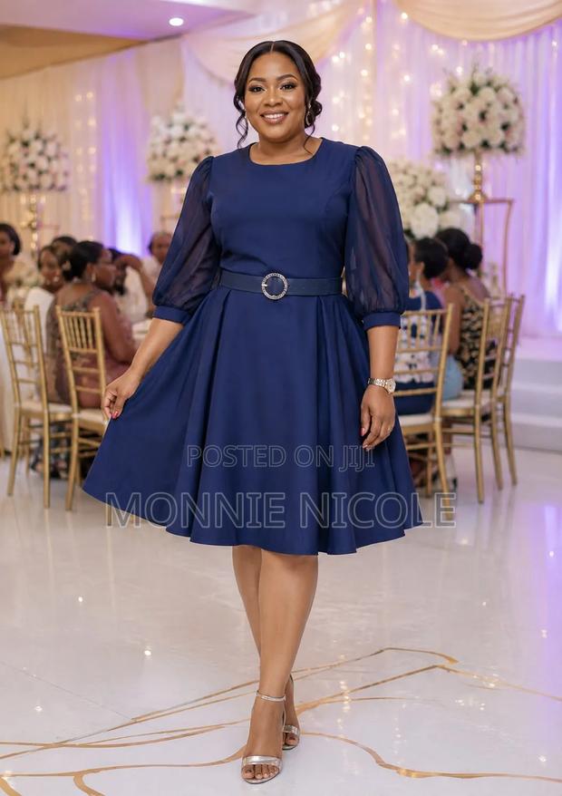 Navy Round Neck Elegant Dress - main view