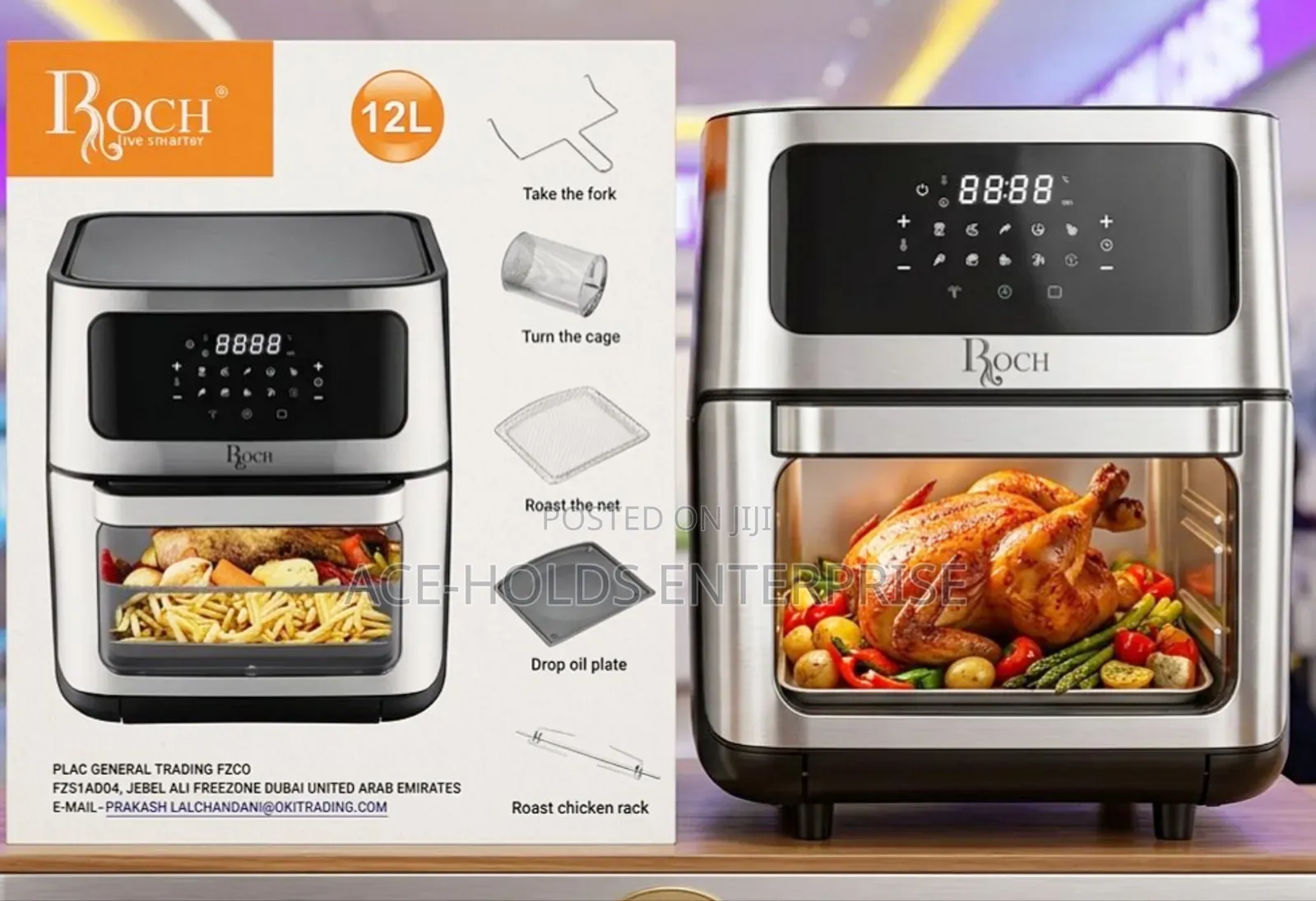 12 Litres - Roch Digital Airfryer With Grill/ Turn the Cage, Roast Net