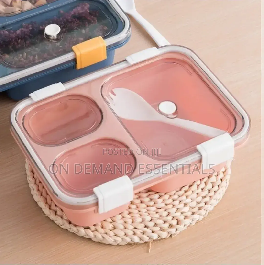 3-Compartment, 3-Grid Bento Lunch Box With Spoon, Leak-Proof