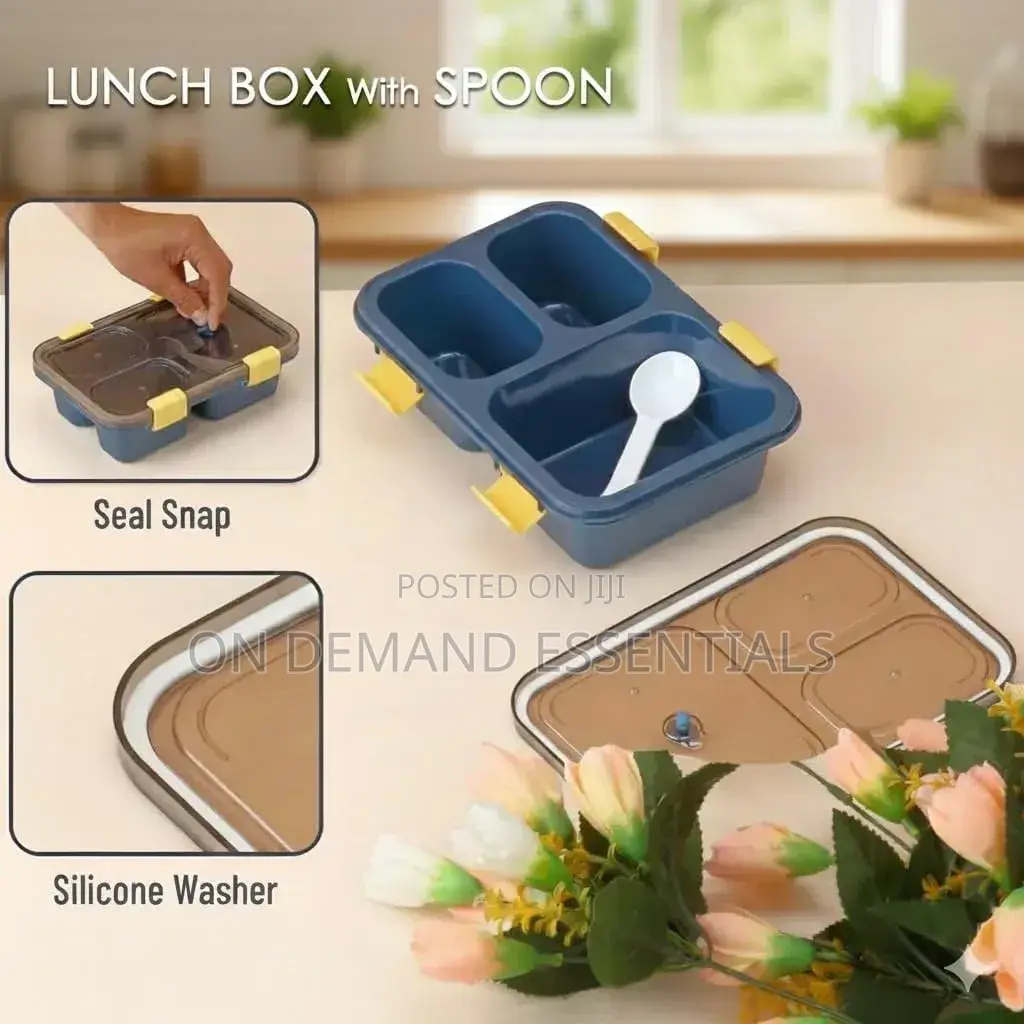 3-Compartment, 3-Grid Bento Lunch Box With Spoon, Leak-Proof