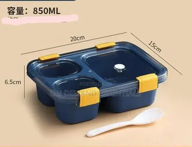 3-Compartment, 3-Grid Bento Lunch Box With Spoon, Leak-Proof