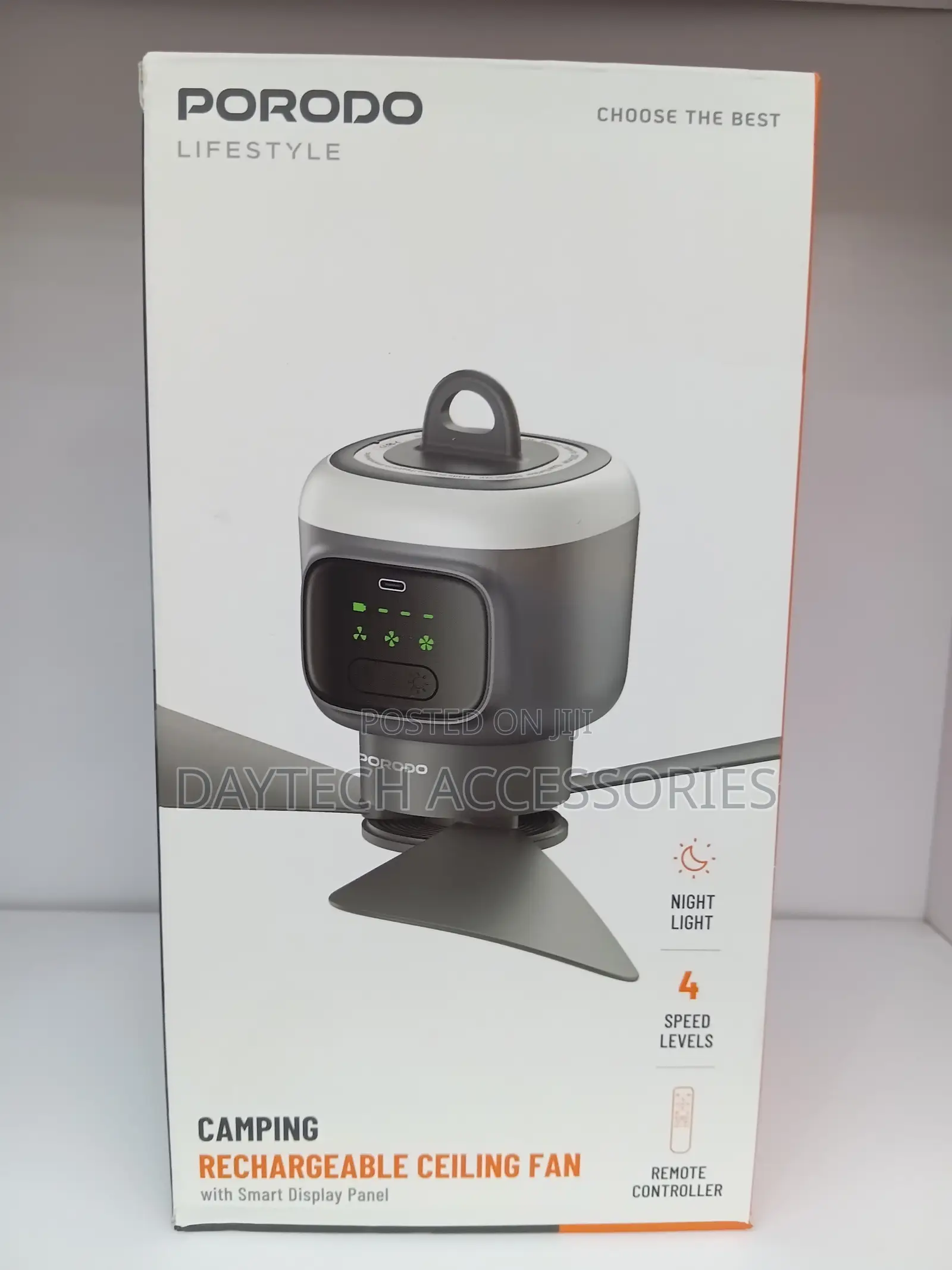 This Is a Porodo Lifestyle Camping Rechargeable Ceiling Fan in Gray.