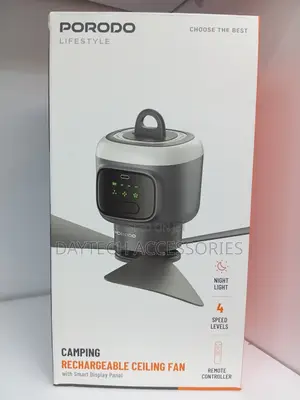 This Is a Porodo Lifestyle Camping Rechargeable Ceiling Fan in Gray.