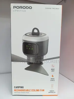 This Is a Porodo Lifestyle Camping Rechargeable Ceiling Fan in Gray.