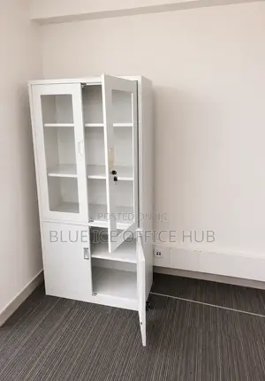 White Office Storage Cabinet With Glass Doors -Strong Secured