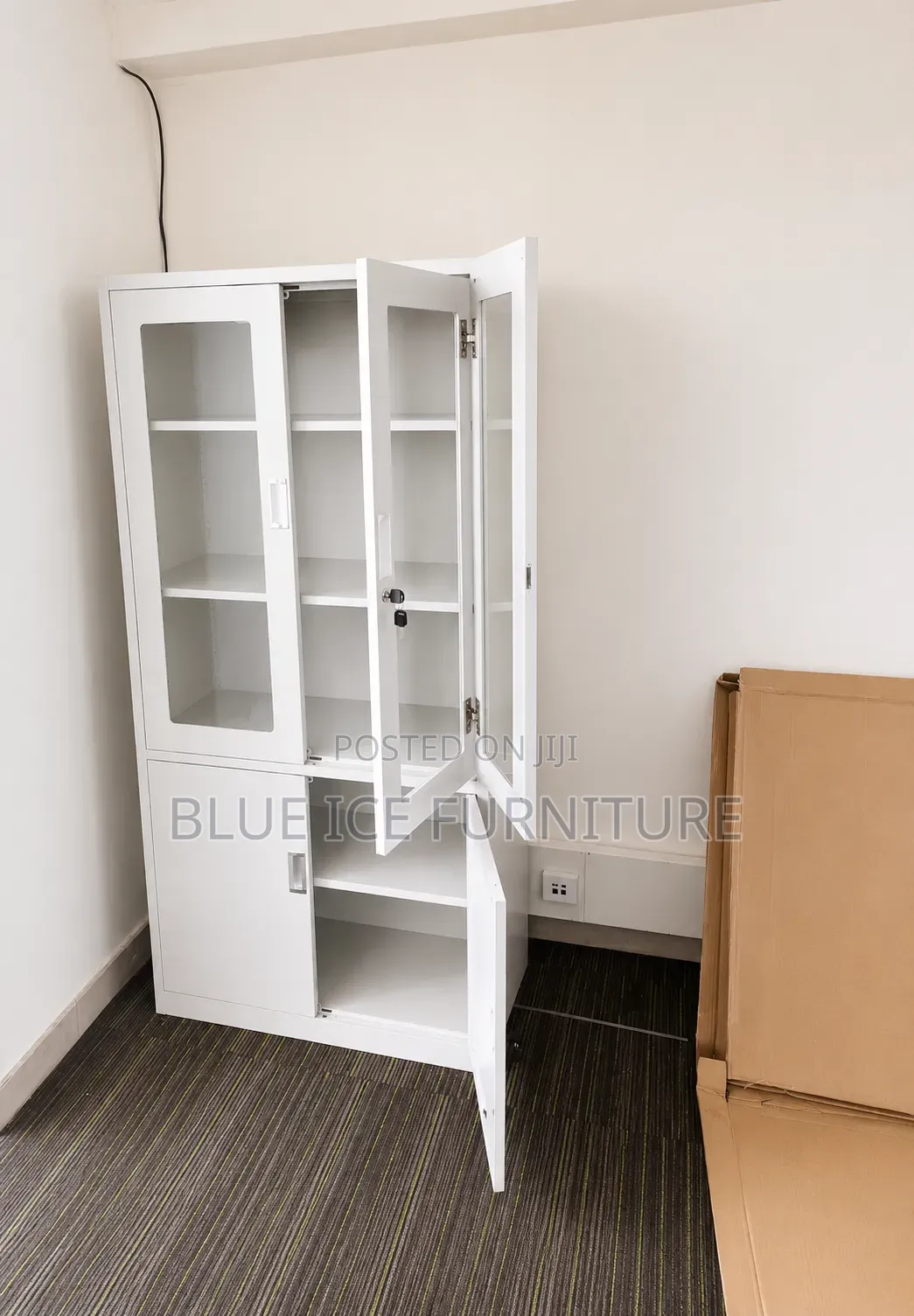 White Office Storage Cabinet With Glass Doors -Strong Secured