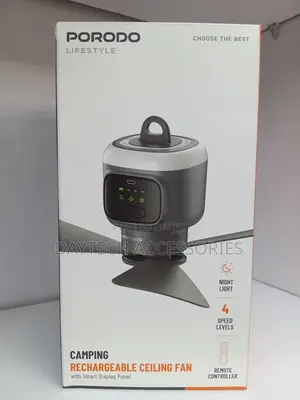 Porodo Lifestyle Camping Rechargeable Ceiling Fan With Smart Display.