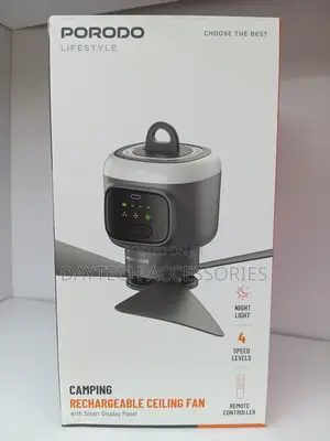 Porodo Lifestyle Camping Rechargeable Ceiling Fan With Smart Display.