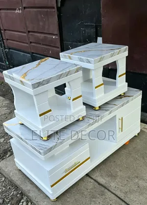 Modern Coffee Table With Glass/Marble Top + 2 Matching Stools