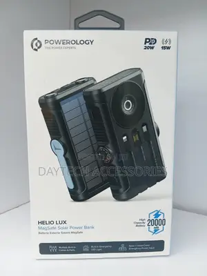 Powerology Helio Lux 20,000MaH MagSafe Solar Power Bank in Black.